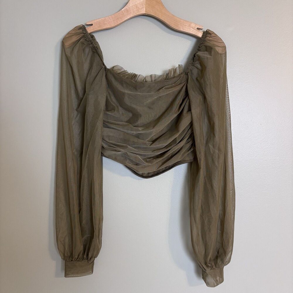 Missguided Sheer Long Balloon Sleeve Mesh Crop Corset Milkmaid Fairy Top Sz 2